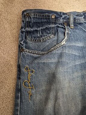 Vintage Sean John Men’s Bootcut Jeans with Yellow Logo Embroidery - Blue Denim